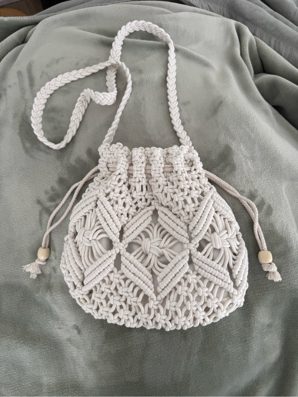 Macrame Drawstring Bucket Bag in Cream - Picture 3 of 4